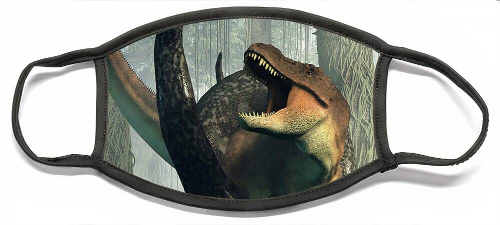 Tyrannosaur Face Mask featuring the digital art T-Rex vs Titanoboa by Daniel Eskridge