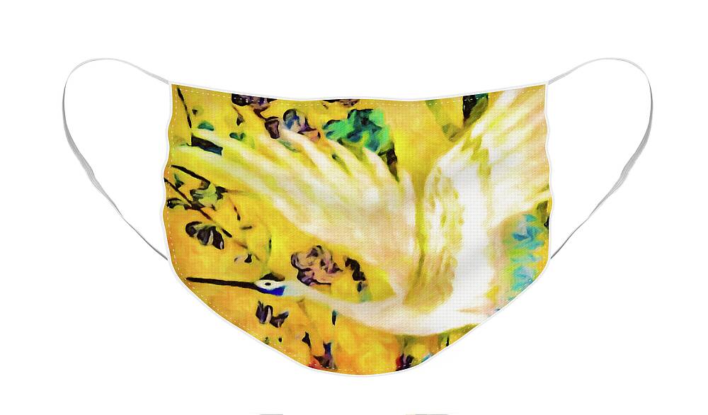 Crane Face Mask featuring the digital art Taking Wing Above the Garden - Kimono Series by Susan Maxwell Schmidt