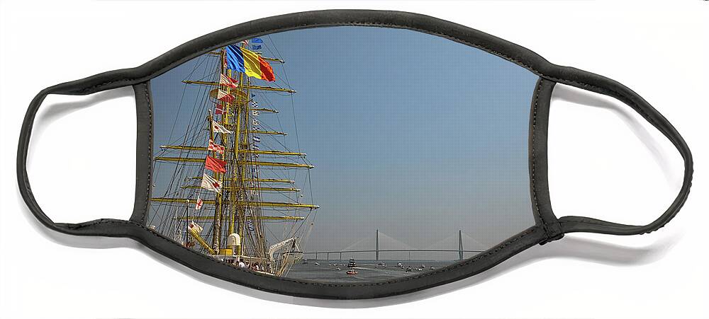 Tall Ship Face Mask featuring the photograph Tall Ship Docked in Charleston South Carolina - Cooper River Bridge by Dale Powell