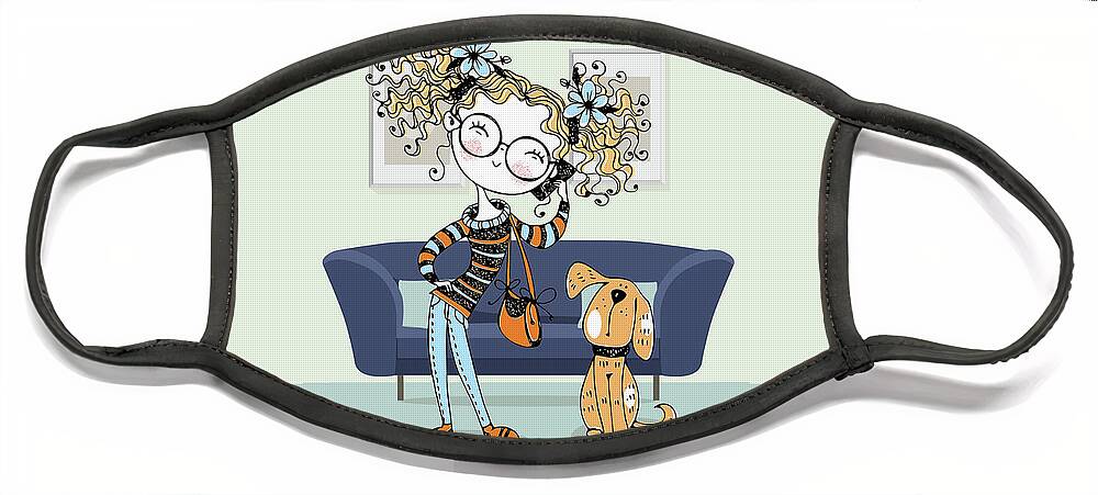 Miss You Face Mask featuring the digital art Teen or Tween Girl and Dog by Doreen Erhardt