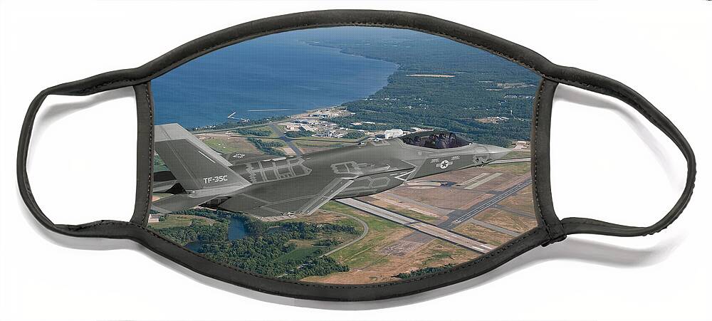 Lightning Face Mask featuring the digital art TF-35C Over Patuxent River by Custom Aviation Art