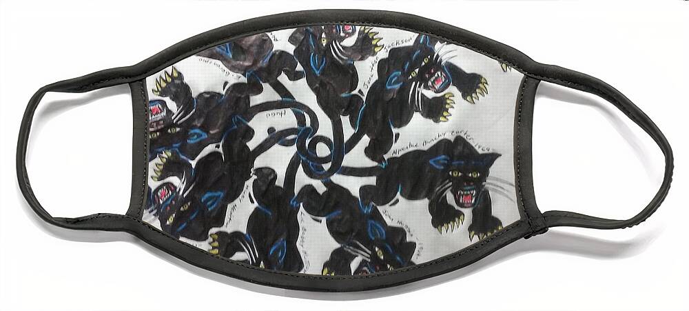 Black Art Face Mask featuring the drawing The 9 Livez of the Black Pantherz by Joedee
