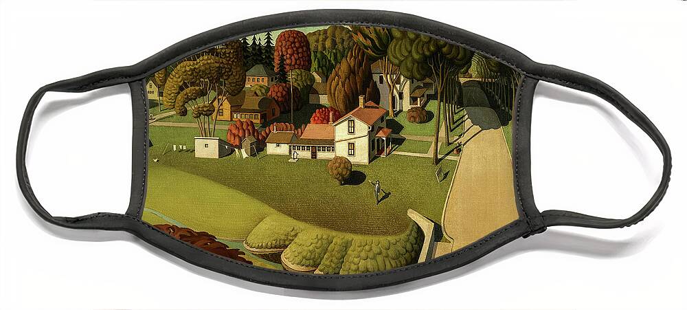 Grant Wood Face Mask featuring the painting The Birthplace of Herbert Hoover, 1931 by Grant Wood