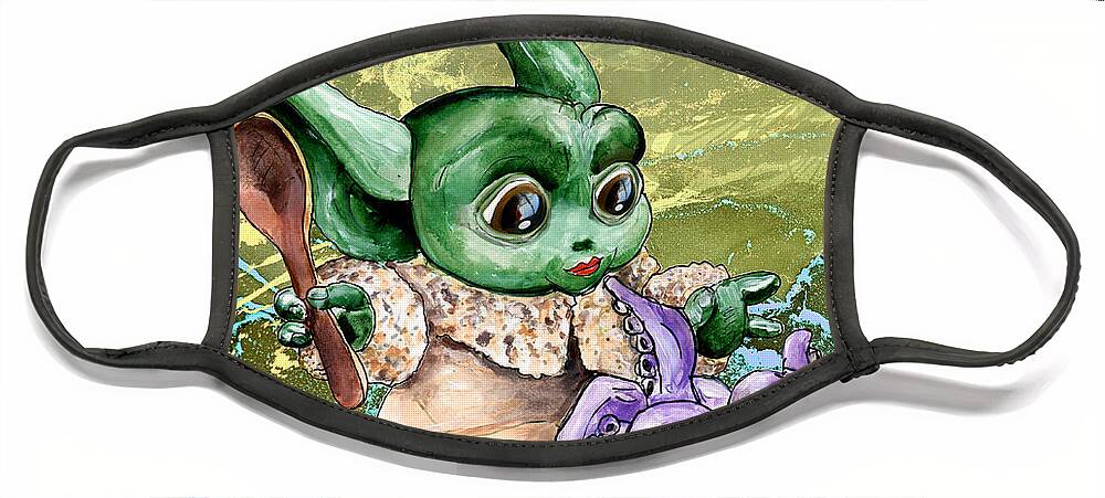 Watercolour Face Mask featuring the painting The Child Yoda 05 by Miki De Goodaboom