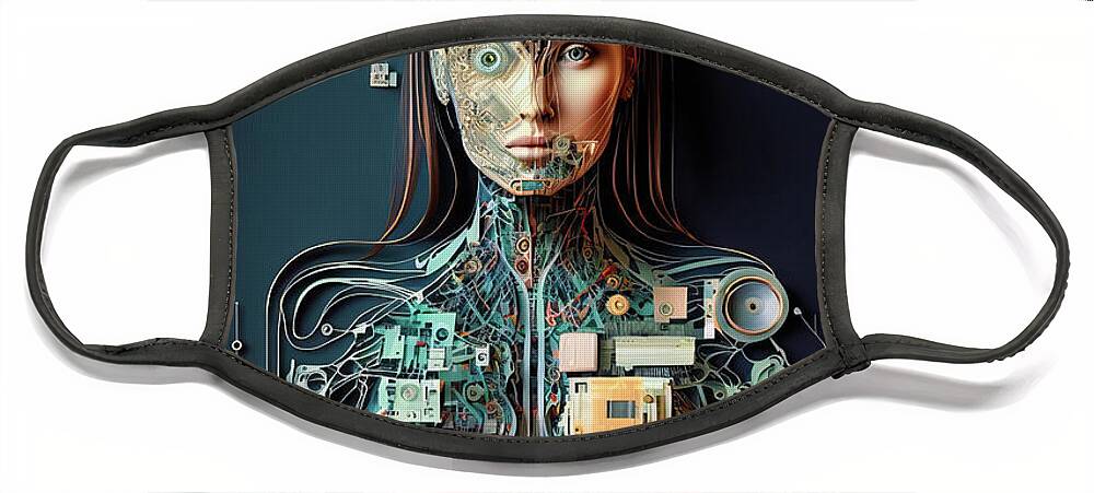 Cyborg Face Mask featuring the digital art The Future of AI 02 Robot Woman by Matthias Hauser