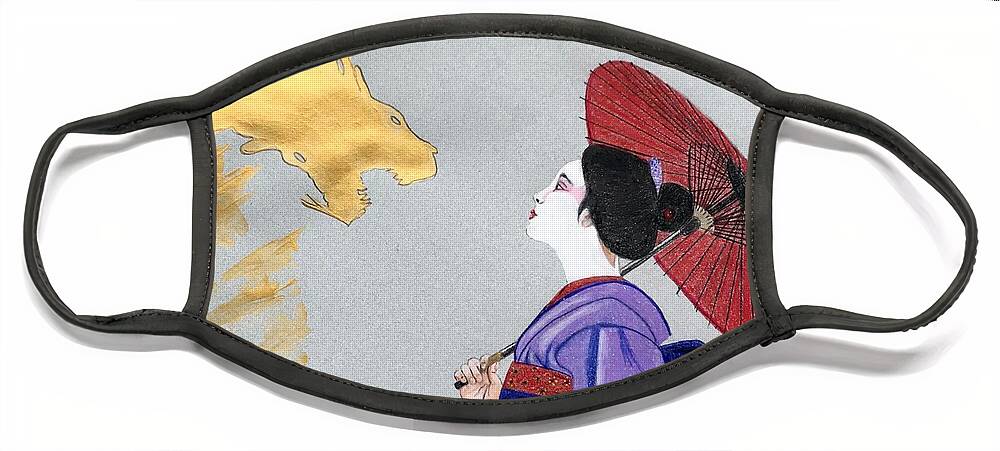 Gold Face Mask featuring the drawing The Geisha and The Dragon by Kimberly Walker