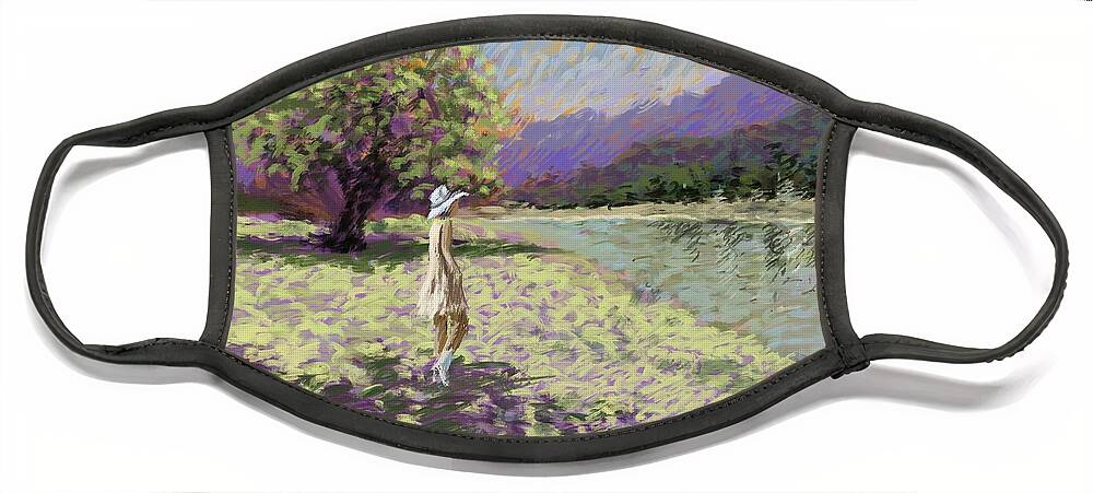 Landscape Face Mask featuring the painting The Girl At The Lakeshore by Larry Whitler