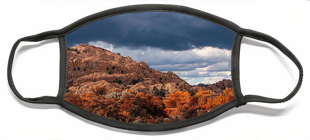 Fall Colors Granite Dells Boulders Water Lake Revivor Fstop101 Prescott Arizona Red Blue Colorful Rock Dark Clouds Summer Monsoon Storm Face Mask featuring the photograph The Granite Dells Bathed in Fall Colors by Geno
