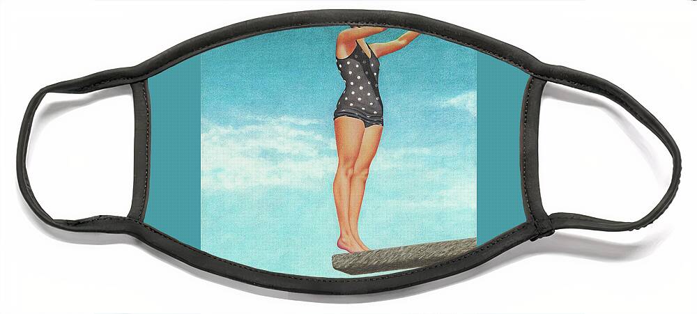 High Dive; Diving Board; Vintage Bathing Beauties; Red Swim Cap; Diving Competitions; Vintage Bathing Suits; Swimming; Polka Dot Swim Suit Face Mask featuring the painting The High Dive by Valerie Evans