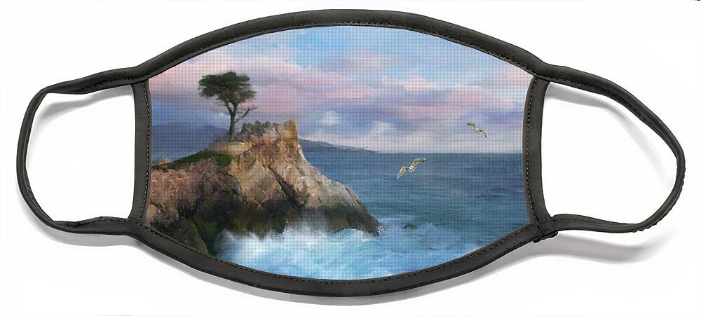Cypress Point Face Mask featuring the mixed media The Lone Cypress at Cypress Point by Colleen Taylor