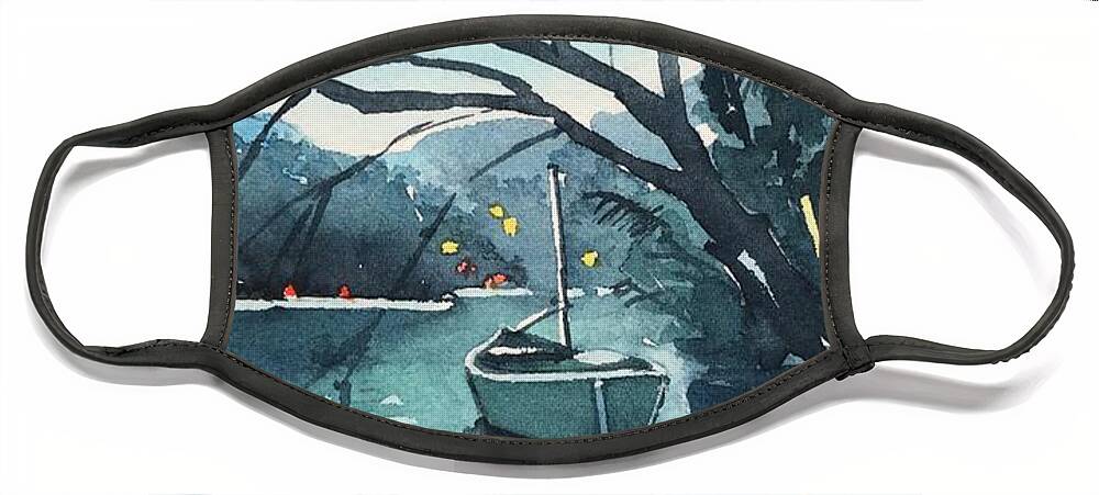 Canoe Face Mask featuring the painting The Lonely Canoe at Night. by Luisa Millicent