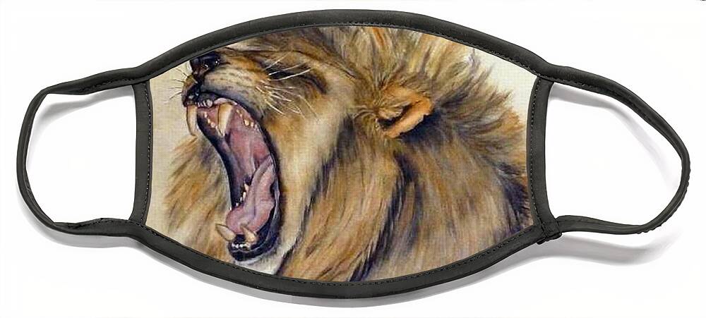 Lion Face Mask featuring the painting The Majestic Roar by Kelly Mills