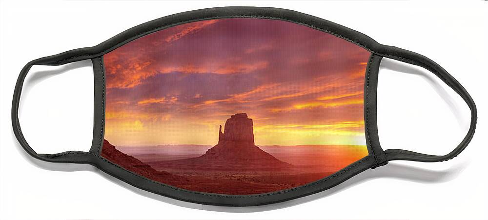 Sunrise Sky Face Mask featuring the photograph The Mittens at Sunrise, Monument Valley Navajo Tribal Park, Arizona, USA by Neale And Judith Clark
