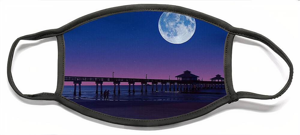 Digital Art Face Mask featuring the photograph Moon Over Pier by Claudia Zahnd-Prezioso