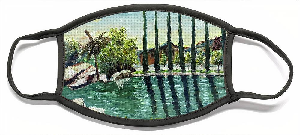 Gershon Bachus Vintners Face Mask featuring the painting The Pond at Gershon Bachus Vintners Temecula by Roxy Rich