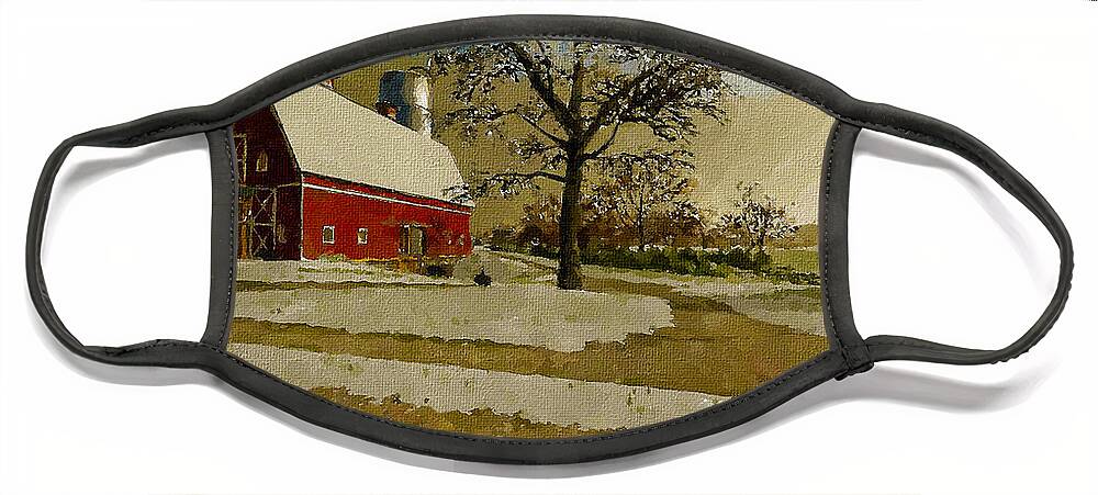 Winter Face Mask featuring the painting The Red Barn by Charlie Roman