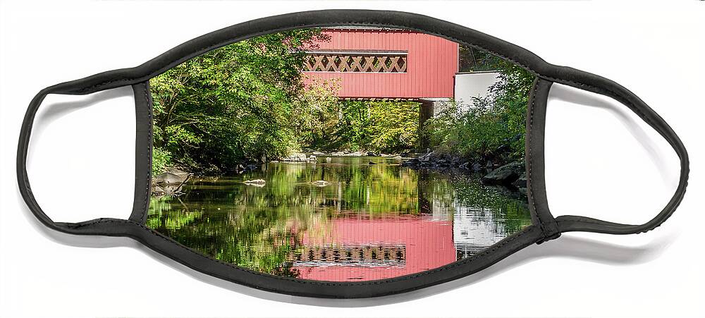 River Face Mask featuring the digital art The Reflection of Wooddale Covered Bridge Rural Landscape Photograph by PIPA Fine Art - Simply Solid