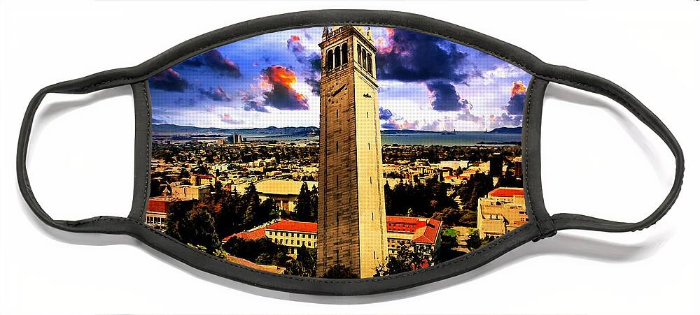 Berkeley Face Mask featuring the digital art The Sather Tower and a a view to Berkeley Campus, downtown Berkeley and San Francisco Bay at sunrise by Nicko Prints