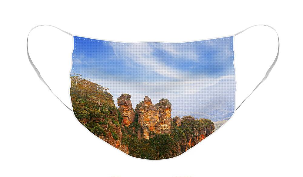 Blue Mountains Face Mask featuring the photograph The Three Sisters in Blue Mountains, Australia by Stella Levi