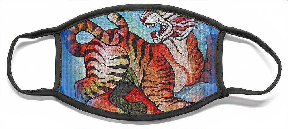 The Tiger Face Mask featuring the painting the Tiger by Tom Dashnyam Otgontugs