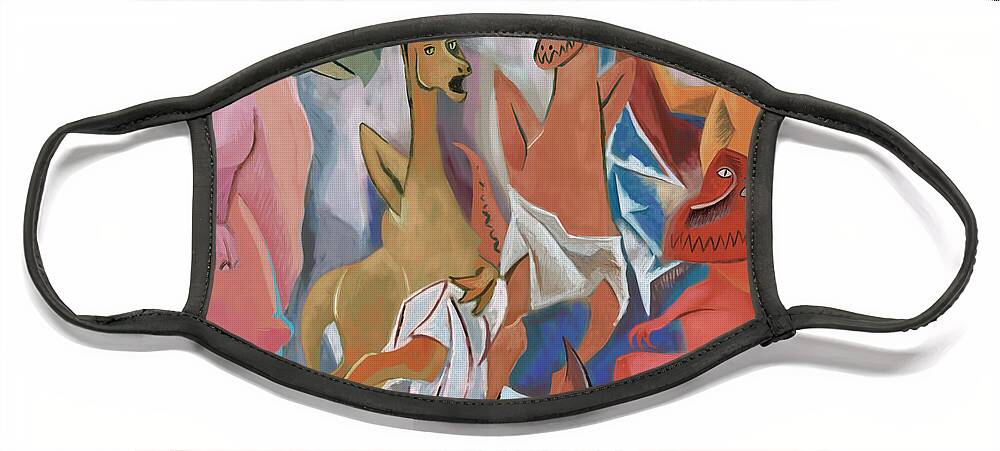 Dinosaurs Face Mask featuring the digital art The young Dinosaurs of Avignon after Picasso by Martin Davey
