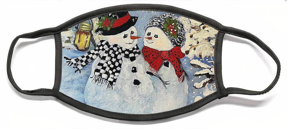 Snowman Face Mask featuring the painting This is a Fine Snowmance by Juliette Becker