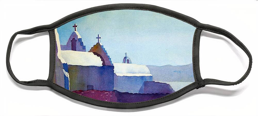Mykonos Face Mask featuring the painting Three Crosses in Mykonos by Liana Yarckin