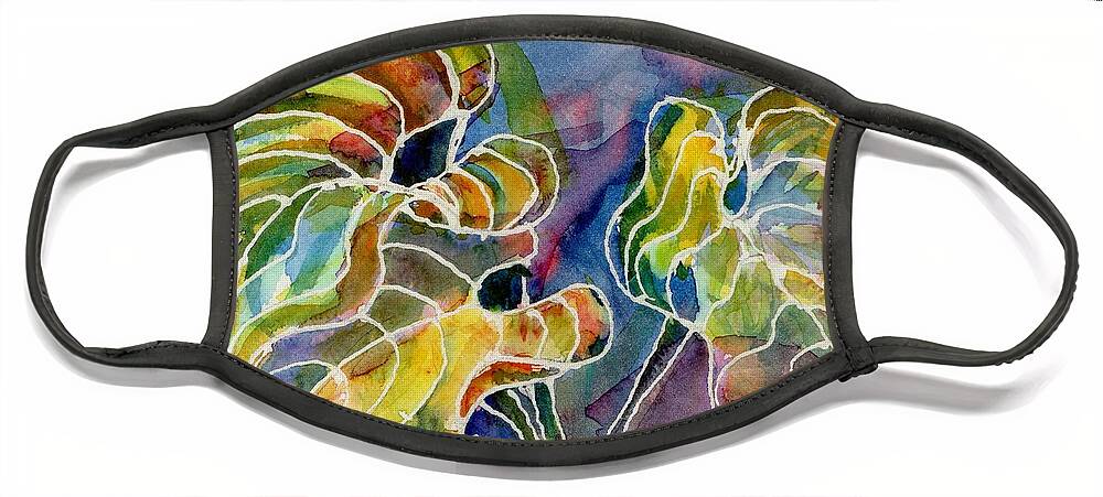 Bright Color Face Mask featuring the painting Three Hosta Leaves by Tammy Nara