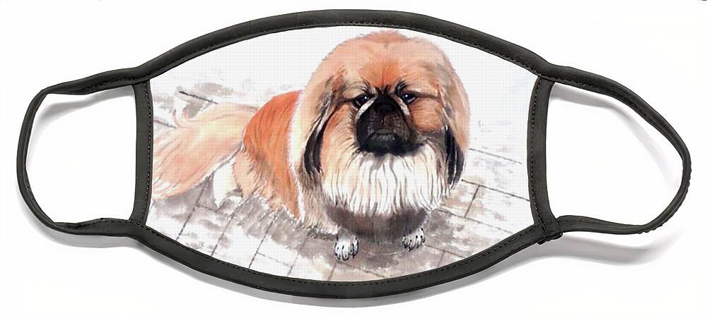 Pekes Dog Face Mask featuring the painting Three Pekes in a Pod - 6 Benny by Carmen Lam