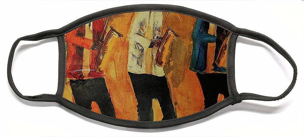  Face Mask featuring the painting Three Saxo's In Time by Ndabuko Ntuli