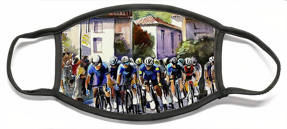 Le Tour De France Face Mask featuring the painting Through the Town Stage 13 TDF2021 by Shirley Peters