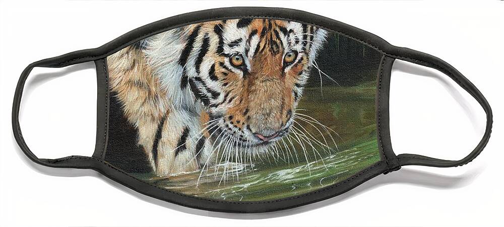 Tiger Face Mask featuring the painting Tiger Cub Reflections by David Stribbling