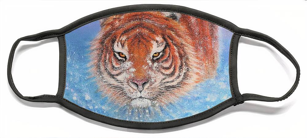 Wall Art Animals Art Tiger Oil Painting Original Art Picture Wall Art Painting Art For The Living Room Office Decor Gift Idea For Him Snow Amur Tiger Home Decor Face Mask featuring the painting Tiger by Tanya Harr