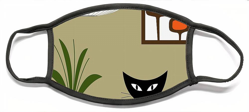 Mid Century Black Cat Face Mask featuring the digital art Tiki Tabletop Cat with Pods by Donna Mibus