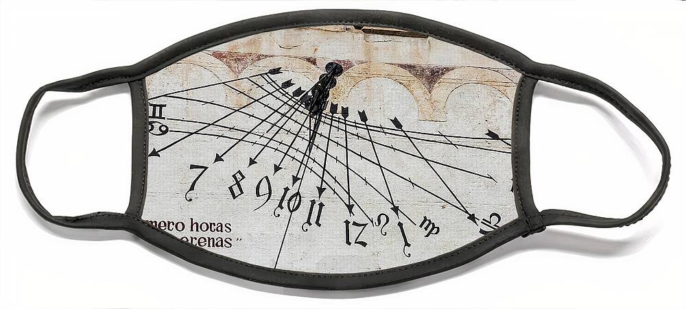 Sundial Face Mask featuring the photograph Time On An Old Sundial With Latin Proverb On Building Wall by Andreas Berthold