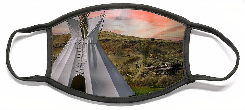Native Temporary Housing Face Mask featuring the photograph Tipi at Sunset by Laura Putman