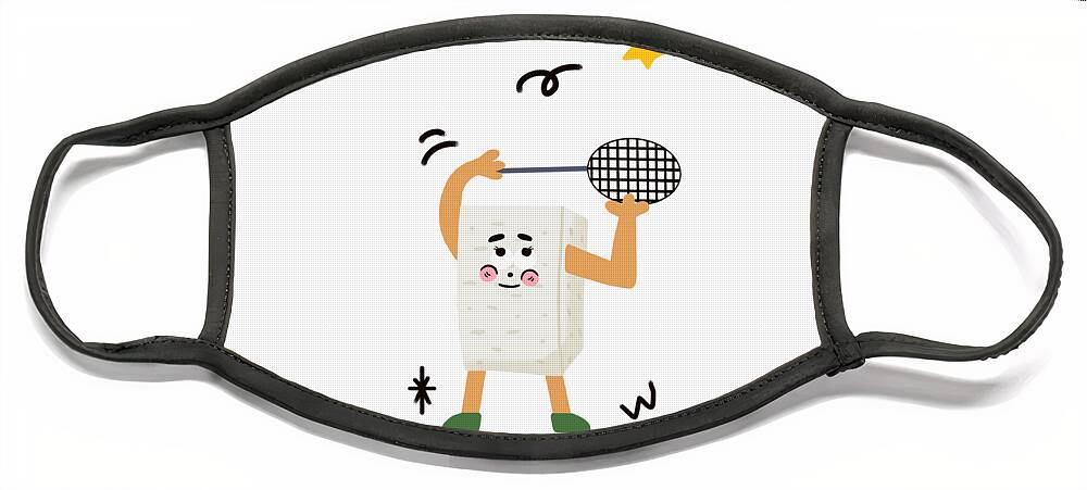 Tofu，bean Curd Face Mask featuring the drawing Tofu loves playing badminton by Min Fen Zhu