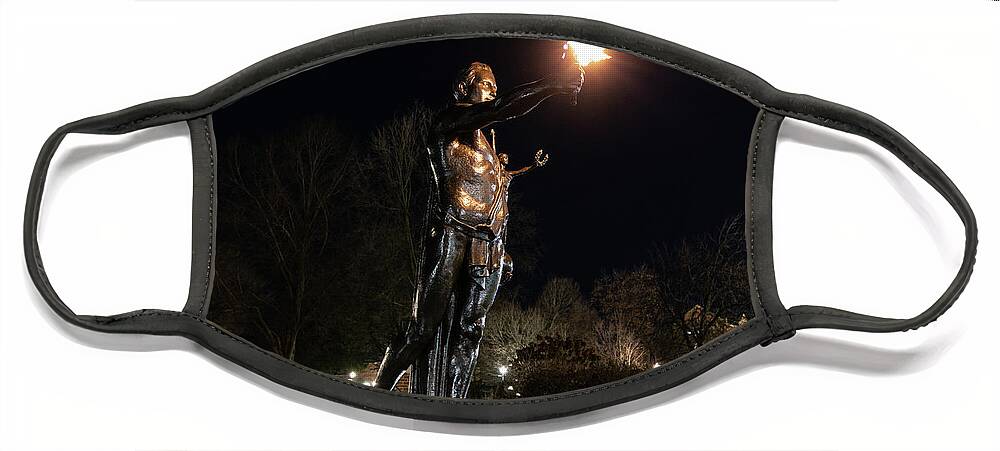 University Of Tennessee At Night Face Mask featuring the photograph Torchbearer statue at the University of Tennessee at night by Eldon McGraw