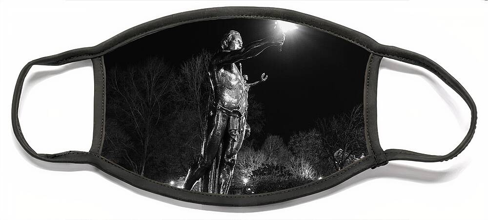 University Of Tennessee At Night Face Mask featuring the photograph Torchbearer statue at the University of Tennessee at night in black and white by Eldon McGraw