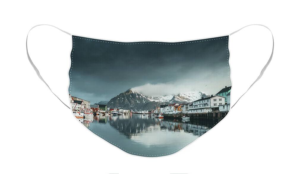 Lofoten Face Mask featuring the photograph Town and Mountain by Henry w Liu