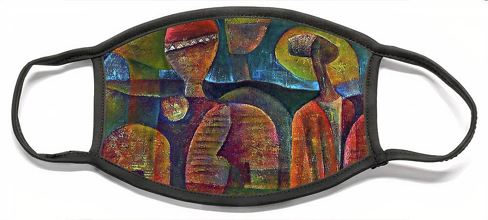 African Art Face Mask featuring the painting Travelers Then Came by Martin Tose 1959-2004
