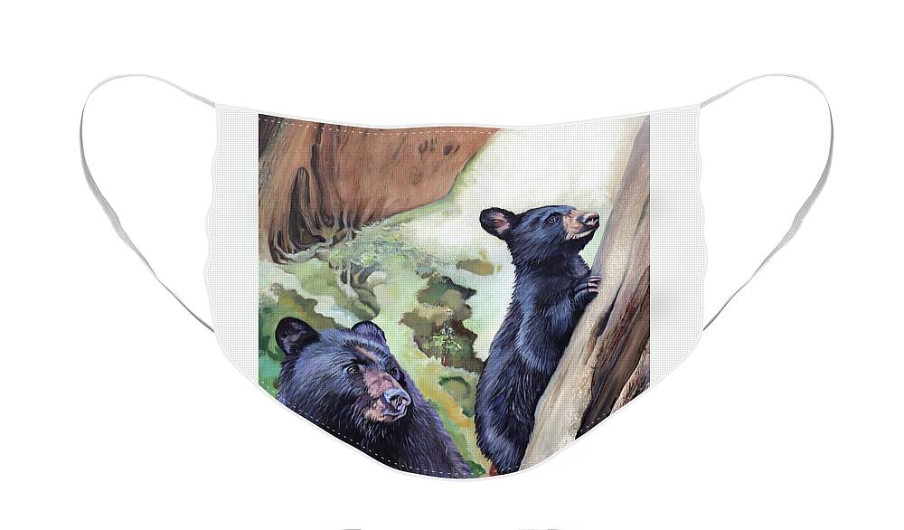 Black Bear Face Mask featuring the painting Tree Climbing 101 by J W Baker