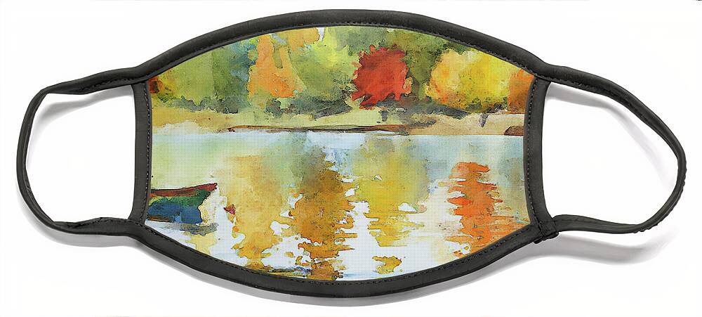 Fall Face Mask featuring the digital art Trees with Fall Colors at the Lake with a Rowboat by Alison Frank