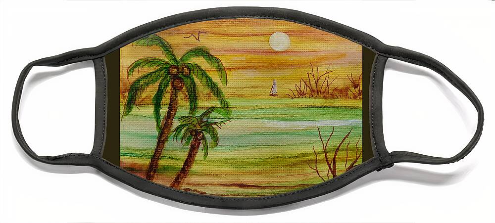 Tiny Painting Of The Moon Rising Over A Tranquil Beach As A Lone Sailboat Passes By. It Is Done Using Alcohol Ink On A 5 X 5 Stretched Canvas. Face Mask featuring the painting Tropical Moon by Joan Clear