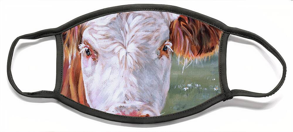 Cow Face Mask featuring the painting Trouble 3.0 - White Face Cow Painting by Annie Troe