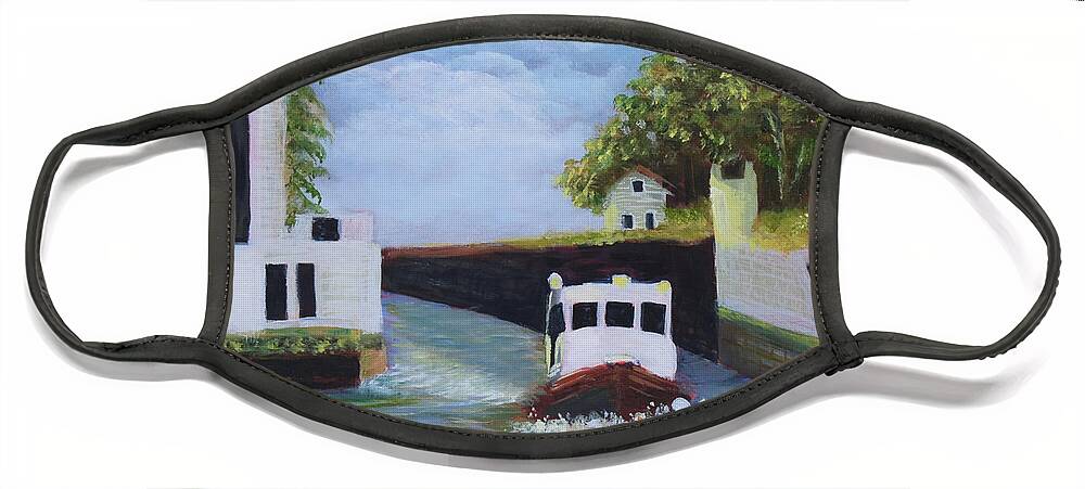 Canal Face Mask featuring the painting Tugboat on the Erie Canal by Monika Shepherdson