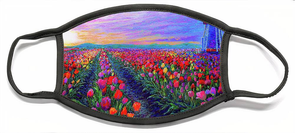 Landscape Face Mask featuring the painting Tulip Fields, What Dreams May Come by Jane Small