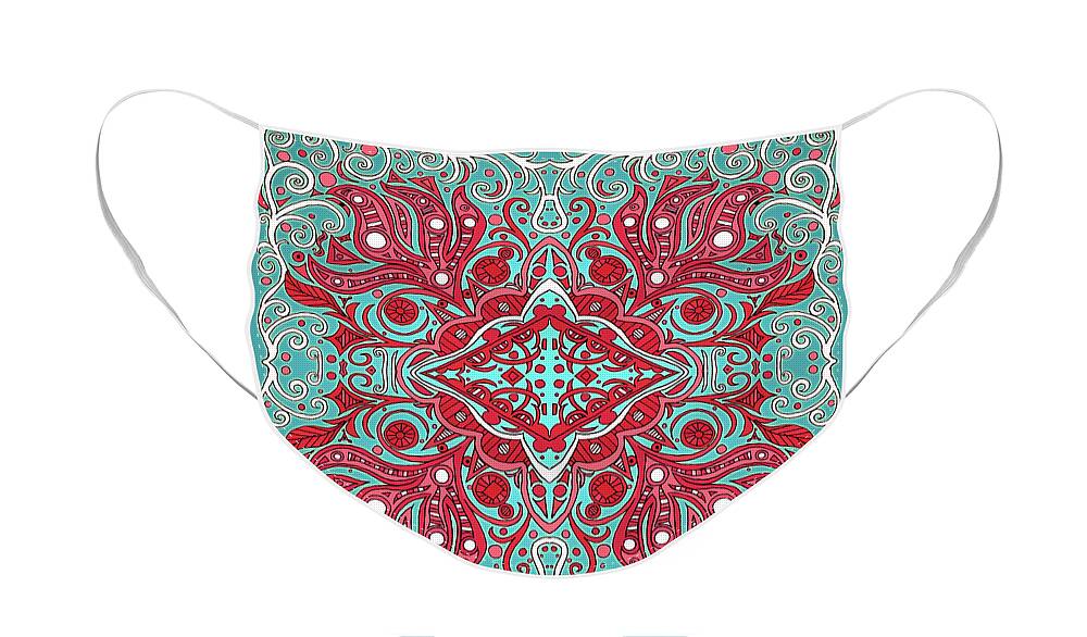 Turquoise Home Decor Design Face Mask featuring the mixed media Turquoise Ornate Square Abstract Design with Red, Salmon Pink and White by Lise Winne