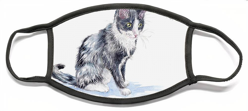Cats Face Mask featuring the painting Tuxedo Cat - Bee Unsuspecting by Debra Hall