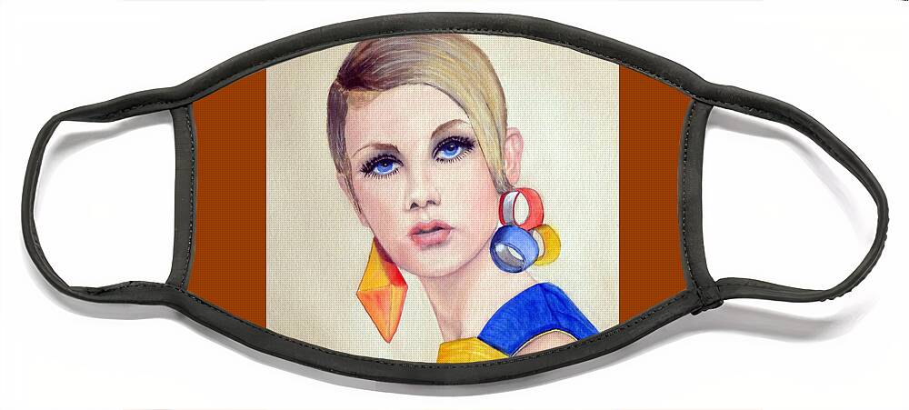 Fashion Face Mask featuring the painting Twiggy the 60's Fashion Icon by Kelly Mills